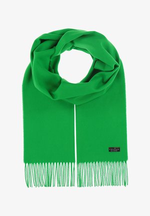 Grüne Scharfe aus weichem Stoff, mit glatter Textur, fransigen Kanten und einem Etikett mit Text an einem Ende.