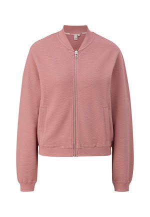 Pink bomber jacket with a textured honeycomb pattern, zip closure, ribbed cuffs and hem, and side pockets.