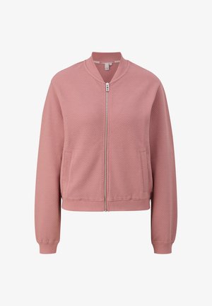 Pink bomber jacket with a textured honeycomb pattern, zip closure, ribbed cuffs and hem, and side pockets.