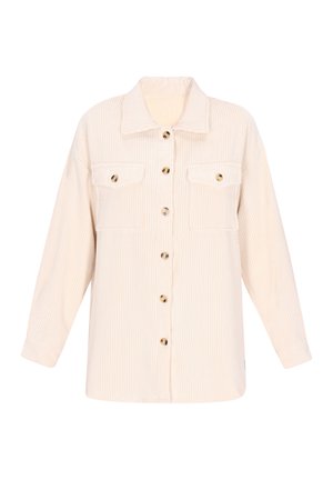 Giacca camicia in corduroy beige con maniche lunghe, due tasche frontali e bottoni in bronzo. Presenta un collo e un tessuto strutturato.