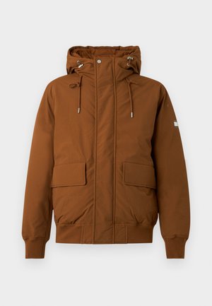 Brown hooded jacket with a zip front, two large front pockets, drawstring at the hood, and elastic cuffs. Textured, warm fabric.