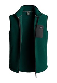 Fleece-Weste in Dunkelgrün mit hohem Kragen. Verfügt über eine schwarz gepolsterte Brusttasche mit Reißverschluss und seitliche Taschen. Glatte Textur und durchgehender Reißverschluss vorne.