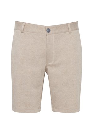 Beige-shortsit, jotka on valmistettu teksturoidusta kankaasta ja joissa on hienovarainen ruutukuvio, nappisuljenta ja tavalliset vyölenkit.