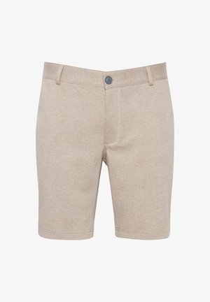 Pantalones cortos beige hechos de un tejido texturizado, que cuenta con un sutil patrón de cuadrícula, un cierre de botón y presillas para cinturón estándar.