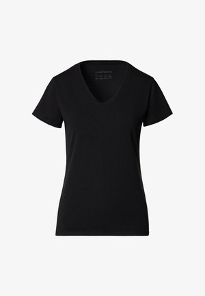 Czarny T-shirt z krótkim rękawem i dekoltem w kształcie litery V, o dopasowanym kroju i bez metki na karku.