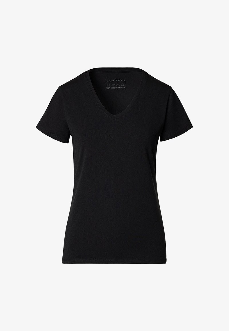 Czarny T-shirt z krótkim rękawem i dekoltem w kształcie litery V, o dopasowanym kroju i bez metki na karku.