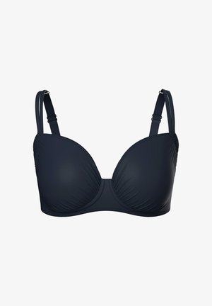 Musta toppauksellinen rintaliivit, joissa on tukevat kaaritangot, säädettävät kaksoishihnat ja rypytetty kangas kupissa.