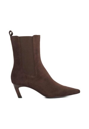 Brown suede ankle boot with a pointed toe, elastic side panels, and a low stacked heel. Smooth texture and sleek design.