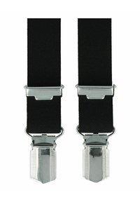 Schwarze elastische Hosenträger mit silbernen Metallclips. Verfügt über eine strukturierte Oberfläche auf den Clips und strapazierfähige Stoffriemen.