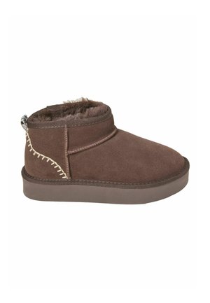 Brown suede ankle boot with faux fur lining, stitched accents, and a flat rubber sole. Features a small loop at the back for easy wearing.