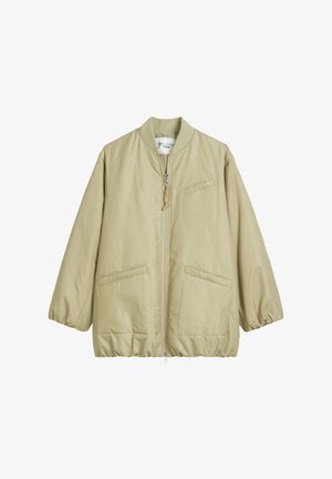 Beige Bomberjacke mit Reißverschluss, geripptem Kragen und elastischen Bündchen. Sie verfügt über zwei vordere Taschen und ein glattes, wasserabweisendes Material.