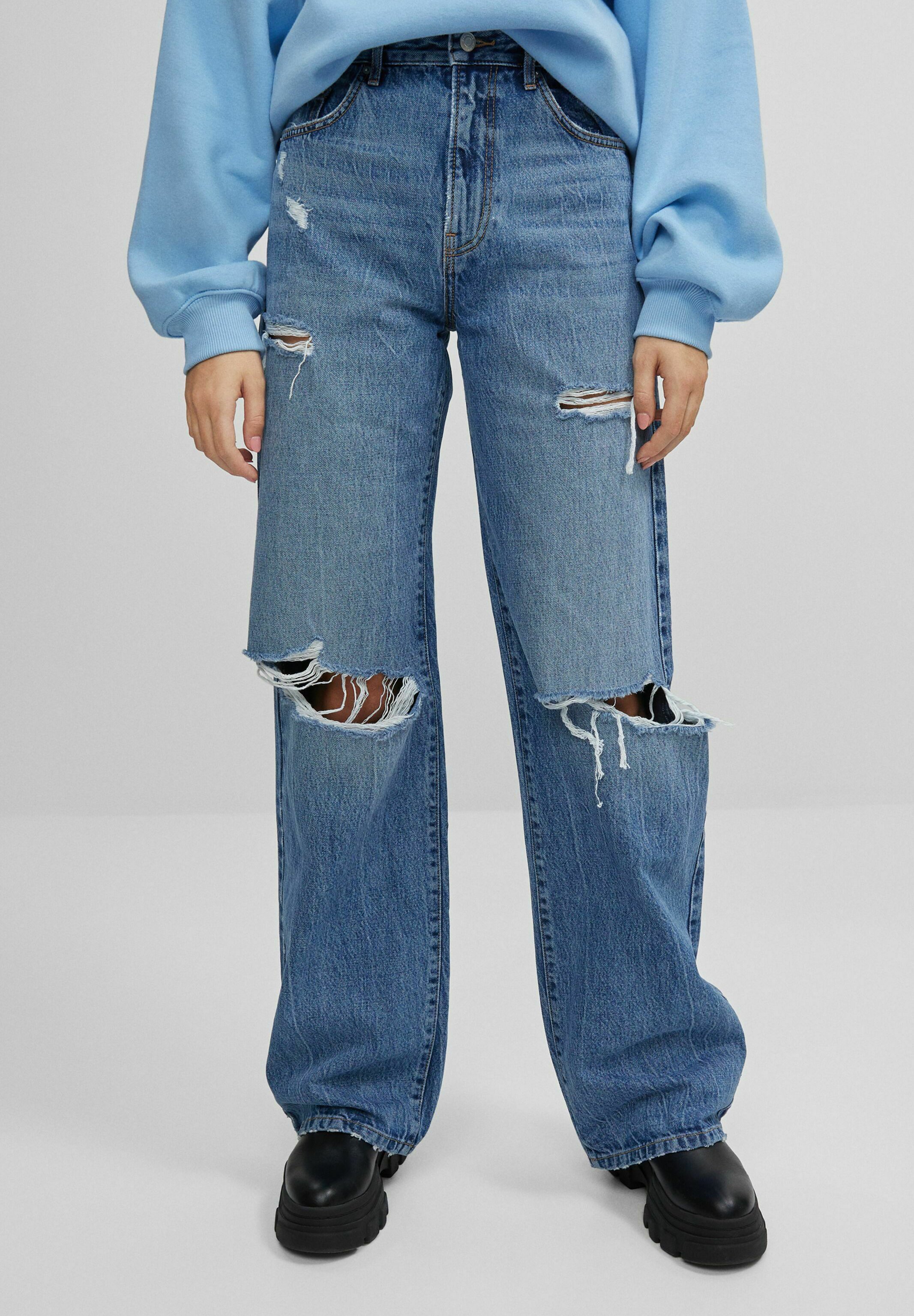 Bershka MIT SCHLAGHOSE UND RISSEN - Relaxed fit jeans - dark  blue/donkerblauw - Zalando.nl