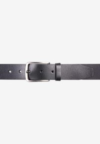 Cintura in pelle nera con superficie texture, fibbia in metallo argentato e più fori per la regolazione della misura. Include un passante per fissare la parte eccedente del cinturino.