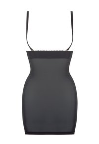 Abito modellante nero con spalline sottili regolabili, bordi a onde sul collo, texture liscia e silhouette aderente.