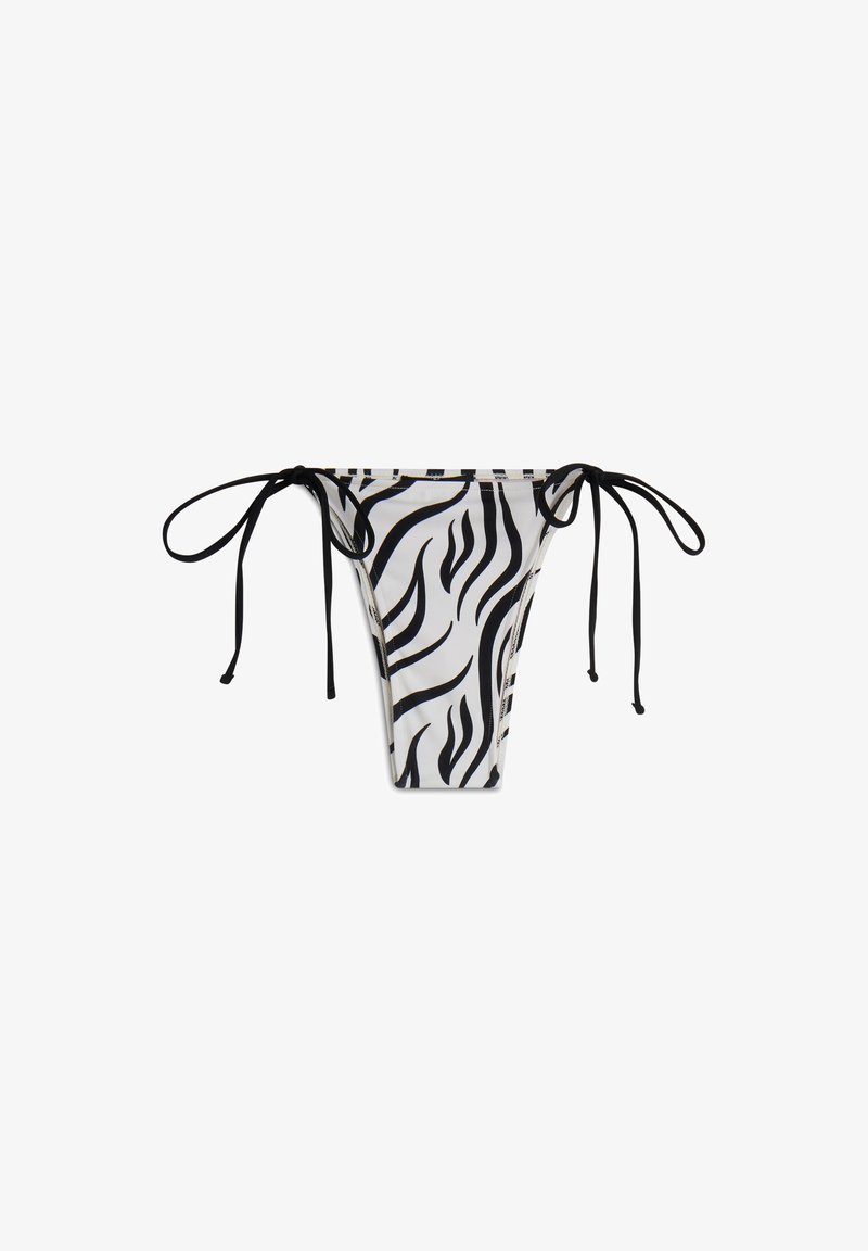 Bikini ala bawah dengan corak zebra hitam-putih yang memiliki tali yang dapat disesuaikan di kedua sisi. Terbuat dari bahan yang halus dan elastis yang menampilkan pola gelombang.