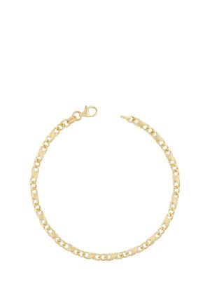 Dünnes goldenes Kettenarmband mit flachen, ineinandergreifenden Gliedern und einem Karabinerverschluss auf weißem Hintergrund.