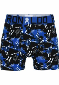 Männerboxershorts aus schwarzem und blauem Stoff mit einem Muster von sportlichen Figuren und Unterschriften, mit einem einfarbigen blauen Bund, der "RONALDO" beschriftet ist.
