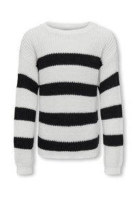 Pull blanc en tricot avec de larges rayures horizontales noires sur le corps et les manches, doté d'un col rond et de poignets côtelés.