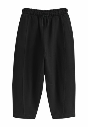 Schwarze Jogginghose mit elastischem Bund und Kordelzug, ausgestattet mit Seitentaschen und weitem Schnitt, aus weichem Baumwollstoff gefertigt.