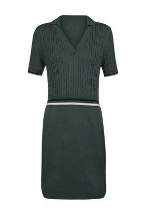 Tume roheline kootud kleit tekstuuriga nöörmustriga, V-kaelus, lühikesed varrukad ja kontrastse triibulise vöökoha külge. Sile kangas.
