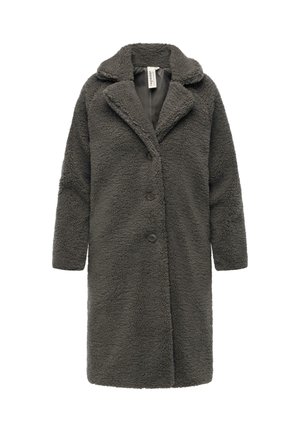 Faux fur coat in dark gray with a notched collar, button front, and long sleeves. Soft texture, knee-length design, and two side pockets.