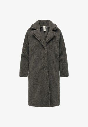 Faux fur coat in dark gray with a notched collar, button front, and long sleeves. Soft texture, knee-length design, and two side pockets.