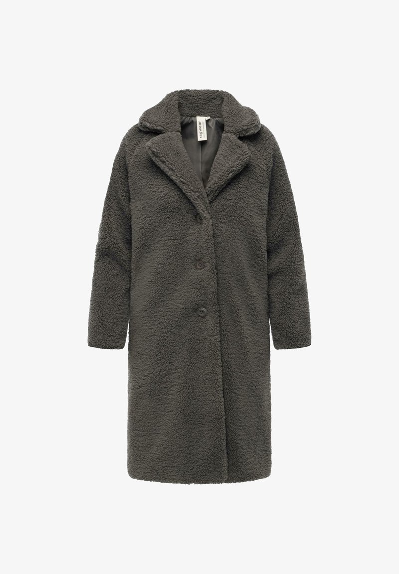 Nepbontjas in donkergrijs met een geknipte kraag, knopenlijst en lange mouwen. Zachte textuur, knie-lange ontwerp en twee zijzakken.