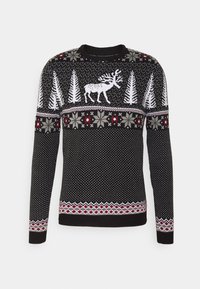 Schwarzer Strickpullover mit einem Rentierdesign, weißem Waldmuster, roten und grauen Akzenten sowie einem gemusterten Saum. Lange Ärmel und runder Ausschnitt.
