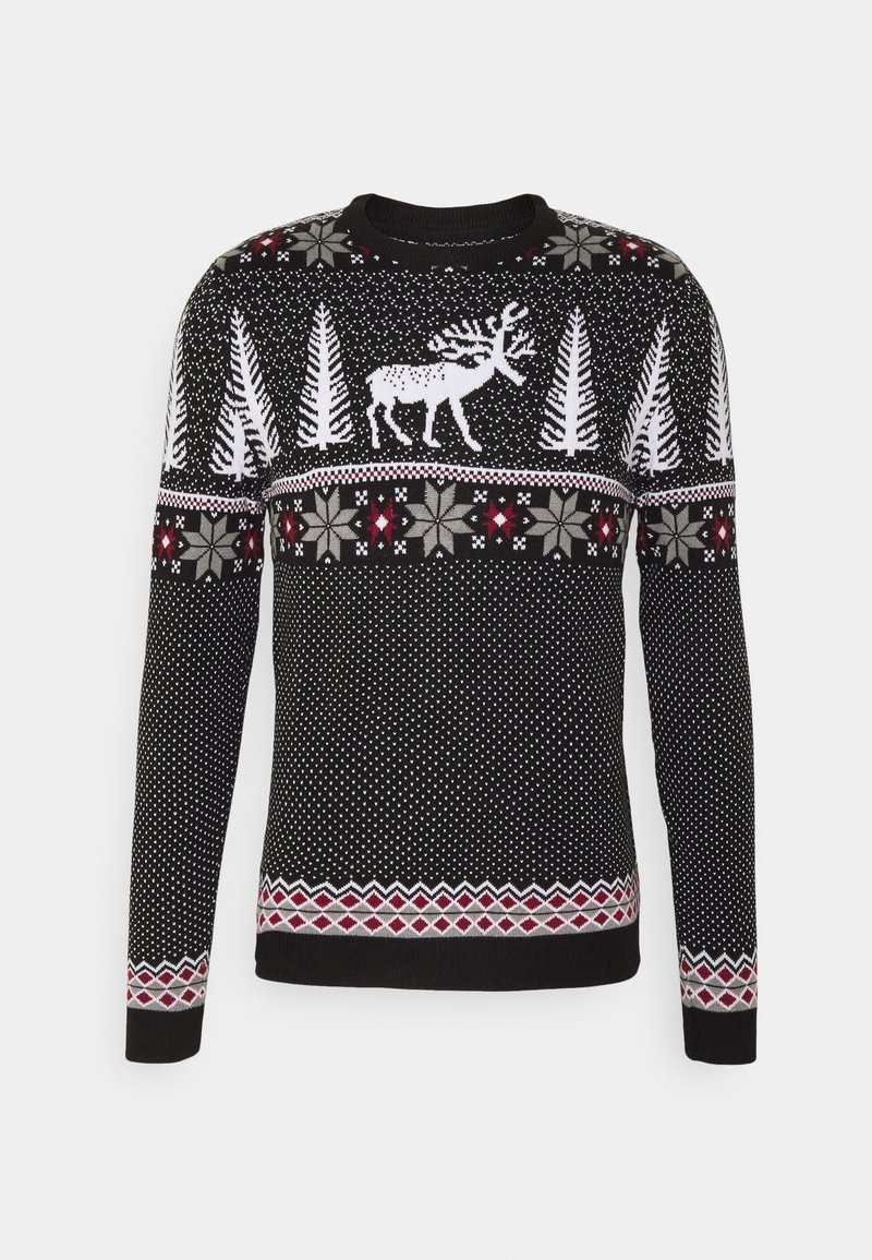 Schwarzer Strickpullover mit einem Rentierdesign, weißem Waldmuster, roten und grauen Akzenten sowie einem gemusterten Saum. Lange Ärmel und runder Ausschnitt.