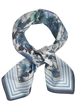 Silk scarf featuring a floral pattern in shades of blue and green, bordered with blue and white stripes, and a smooth, shiny texture.