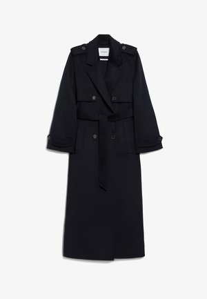 Langer marinefarbener Trenchcoat aus Wollmischung mit doppelt geknöpftem Front, tailliertem Gürtel, Schulterklappen und seitlichen Taschen.