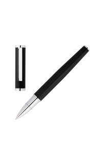 Bolígrafo negro con un agarre texturizado en espiga y brillantes acentos de cromo. Viene con una tapa desmontable. Punta redondeada para escribir.