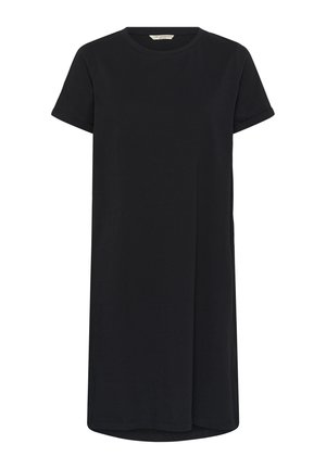 Black short-sleeve knee-length dress with crew neckline and subtle side seam detail, made from smooth fabric.