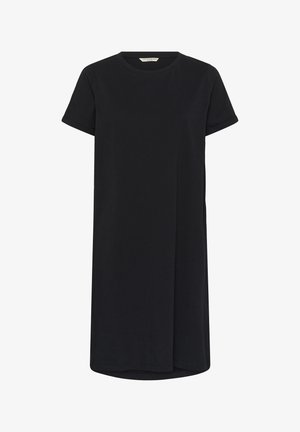 Black short-sleeve knee-length dress with crew neckline and subtle side seam detail, made from smooth fabric.