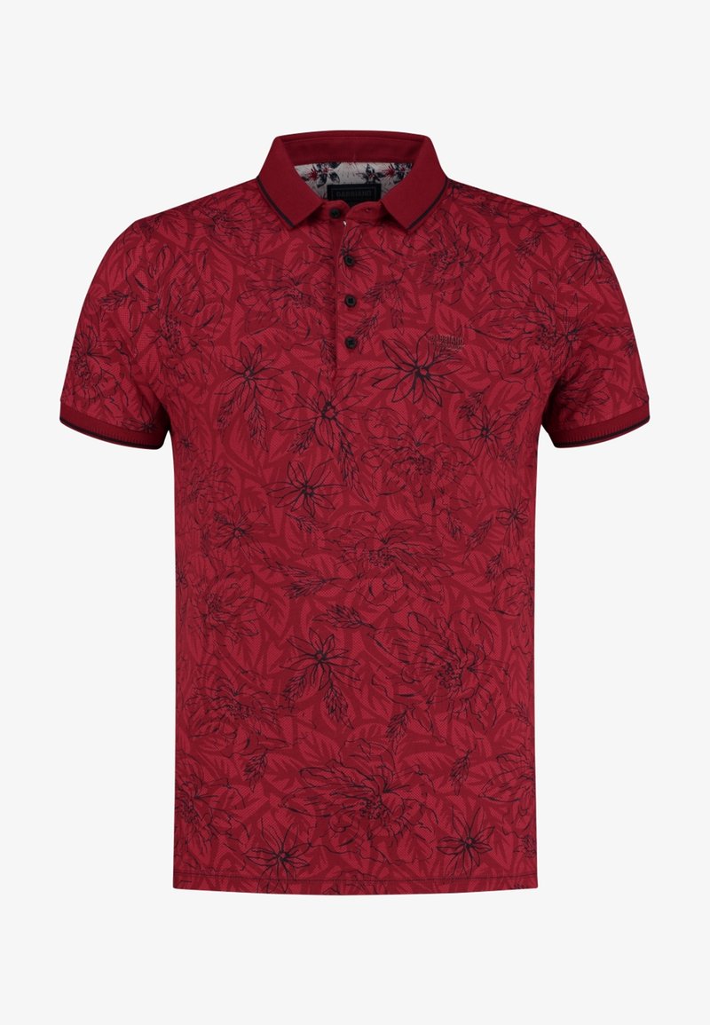 Polo rouge à manches courtes avec motif floral noir, trois boutons noirs et bordure noire sur le col et les bords des manches.