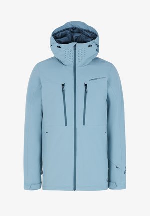 Lichtblauwe waterdichte jas met een capuchon, ritszakken en ventilatiegaten. Beschikt over een modern ontwerp met contrasterende accenten.