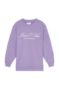 Světle fialová mikina s kulatým výstřihem, na které je na hrudi bíle vytištěno "Marc O'Polo EST. V STOCKHOLMU". Má dlouhé rukávy a ribbované manžety a lem.