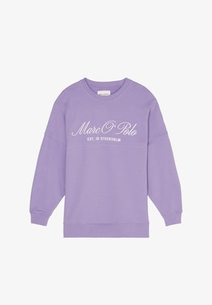 Lilafarbener Rundhalsausschnitt-Sweatshirt mit "Marc O'Polo EST. IN STOCKHOLM" in Weiß auf der Brust, ausgestattet mit langen Ärmeln sowie Rippbündchen und -saum.