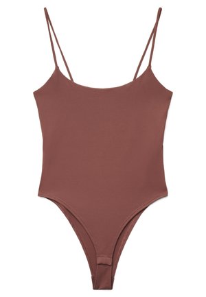 Body senza maniche marrone con sottili doppie spalline e design a gamba alta.