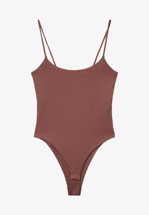 Body senza maniche marrone con sottili doppie spalline e design a gamba alta.