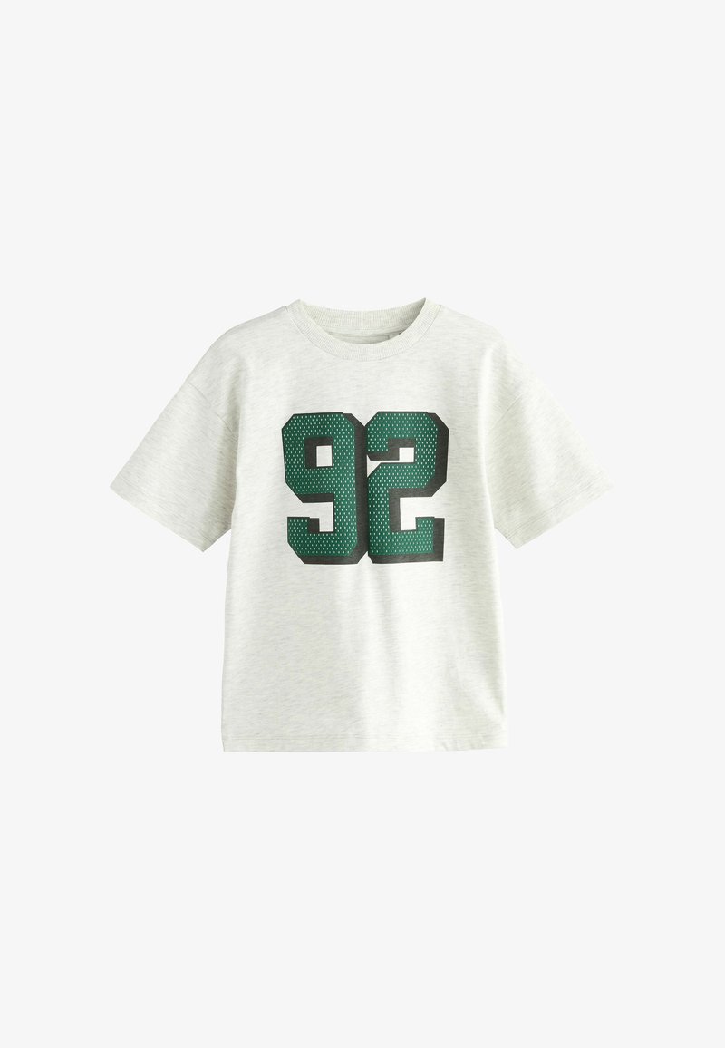Light gray short-sleeve T-shirt with a crew neck and large green and black number 92 printed on the front center.