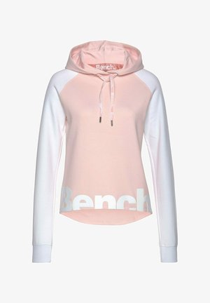 Kapuzensweatshirt mit pinkem Körper und weißen Ärmeln. Verfügt über ein Logo in großen weißen Buchstaben am Saum und eine Kordel mit Logodetail.