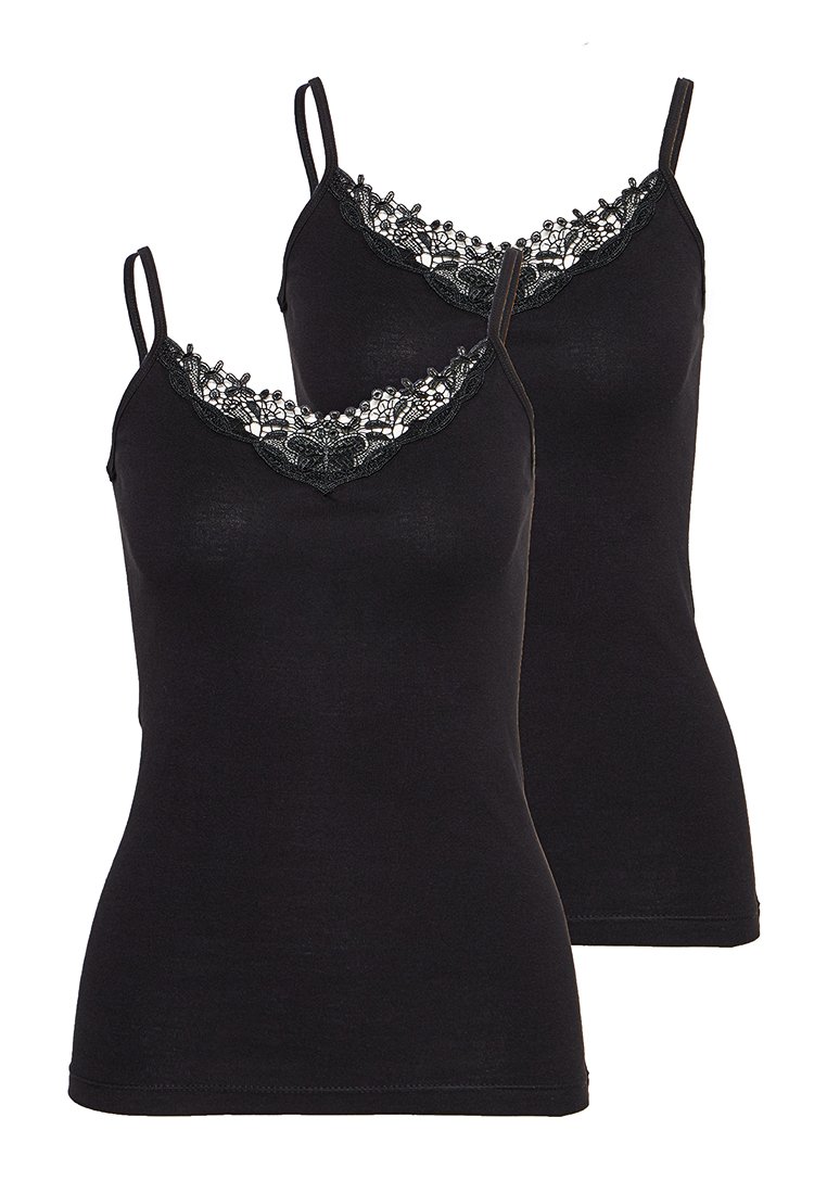 Schwarzes Trägertop-Set mit verstellbaren Spaghetti-Trägern und Spitzenbesatz am Ausschnitt, aus weichem Stoff, taillierter Form und ohne zusätzliche Verzierungen.