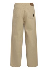 Pantalones de pierna ancha de color beige, hechos de algodón, que cuentan con un bolsillo trasero con un detalle de bordado de cactus. Diseño limpio y minimalista con un corte recto.