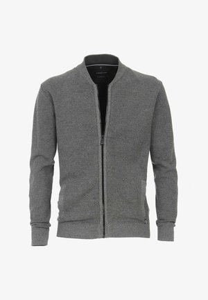 Cardigan grigio con zip realizzato in tessuto a maglia testurizzato. Presenta un collo rotondo, due tasche laterali e polsini e orlo a costine.