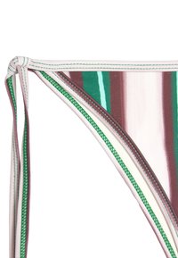 Dół bikini w paski w różnych odcieniach zieleni i brązu, z kontrastowymi przeszyciami i regulowanymi wiązaniami po bokach.