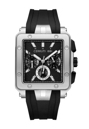 Square stainless steel Cerruti 1881 wristwatch with black textured dial, three subdials, silver markers, and black rubber strap.