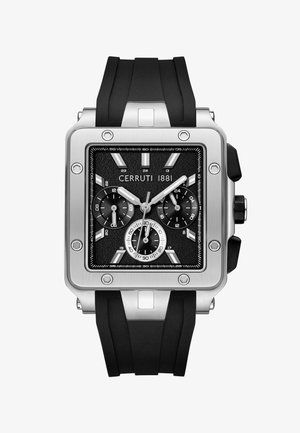 Quadratische Edelstahlarmbanduhr Cerruti 1881 mit schwarzem strukturiertem Zifferblatt, drei Hilfszifferblättern, silbernen Markierungen und schwarzem Gummiband.