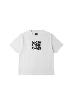 T-shirt bianca a maniche corte con testo nero in grassetto "EVISU GENES OSAKA" centrato sul petto.