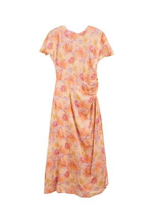 Vestido midi floral con mangas cortas, escote redondo y detalle fruncido en el lado derecho en tonos suaves de rosa, naranja y amarillo.